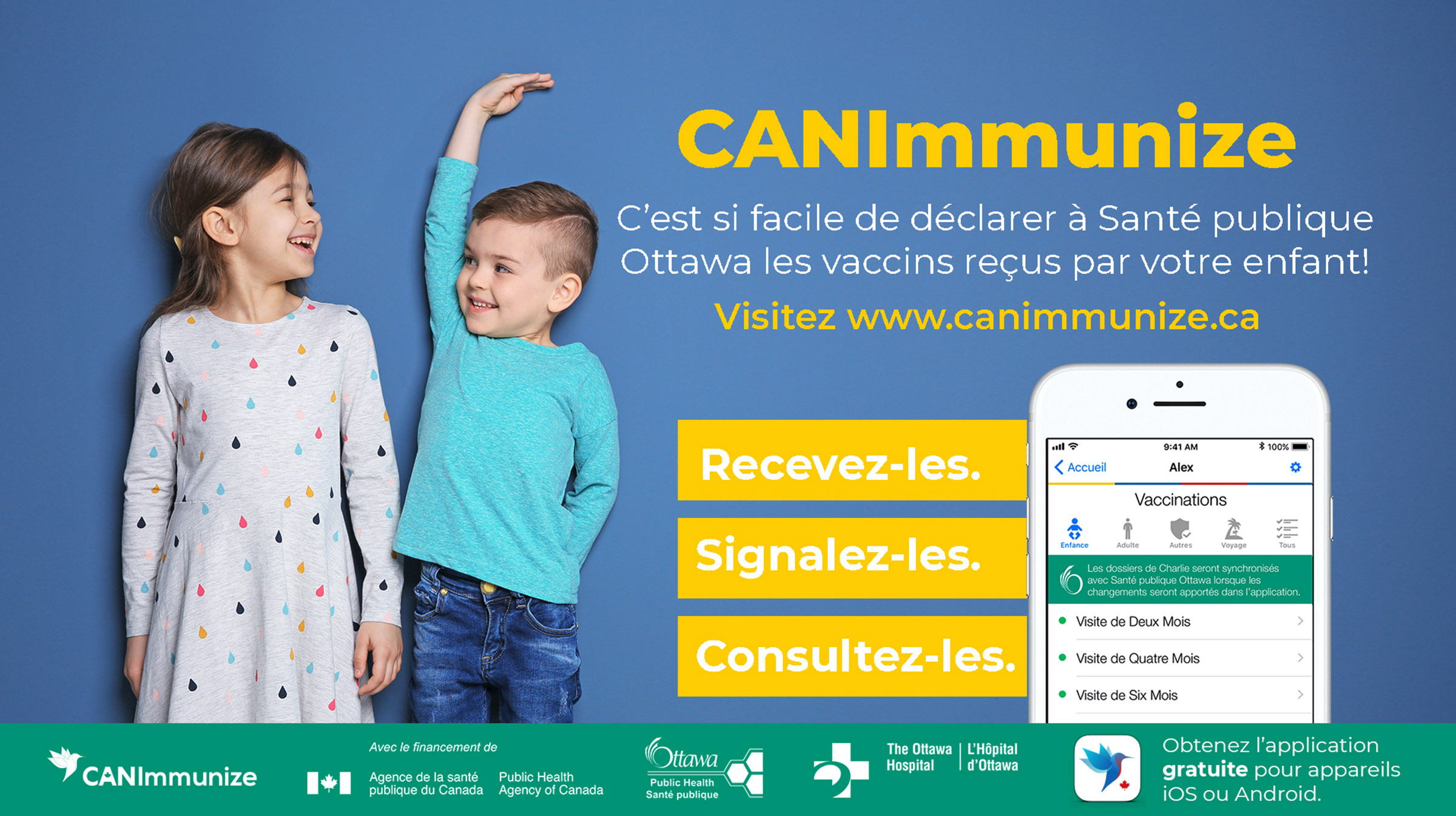 TV graphic featuring the CANImmunize app and two children smiling.