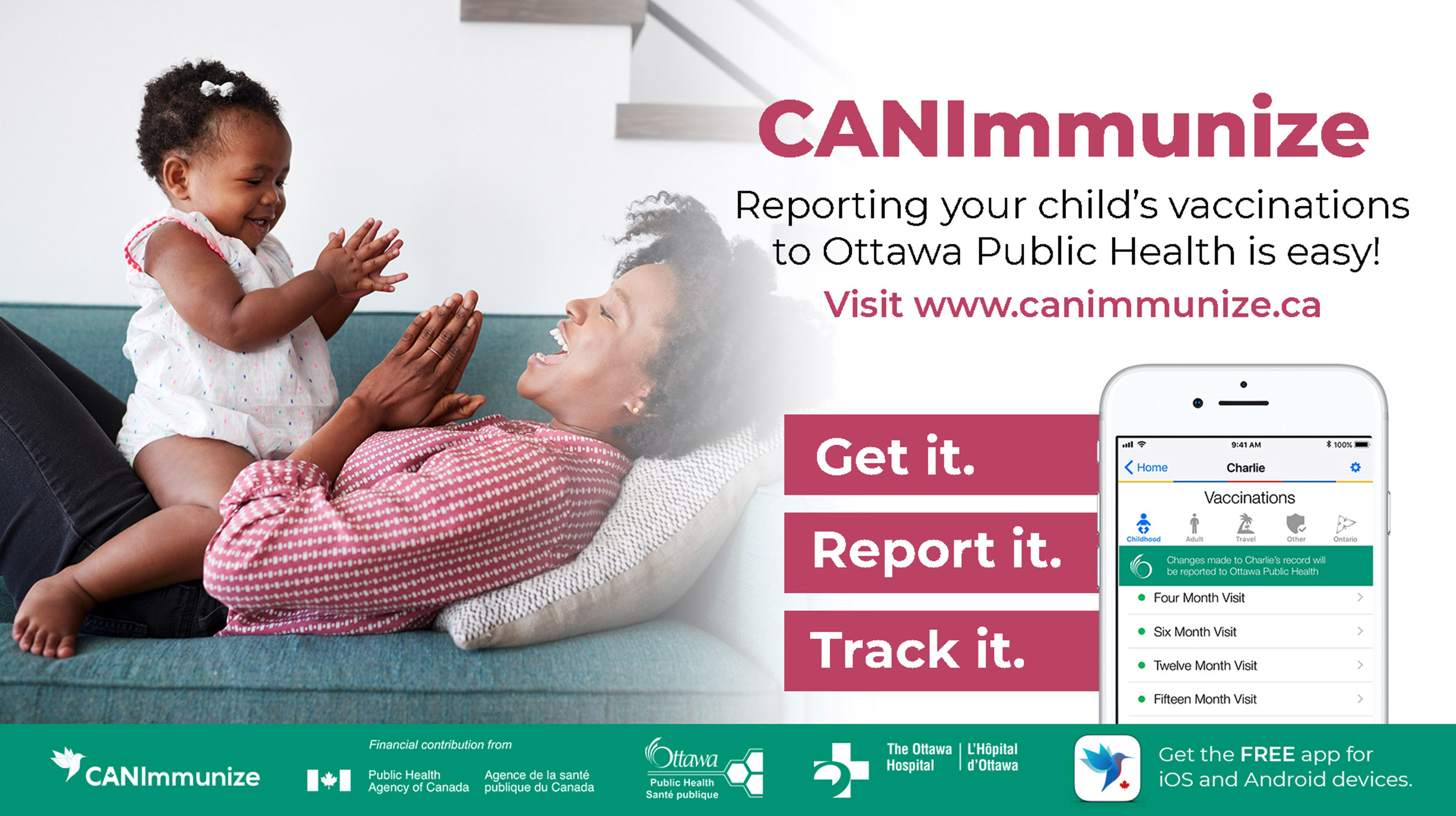 TV graphic featuring the CANImmunize app and a mother playing with her child.