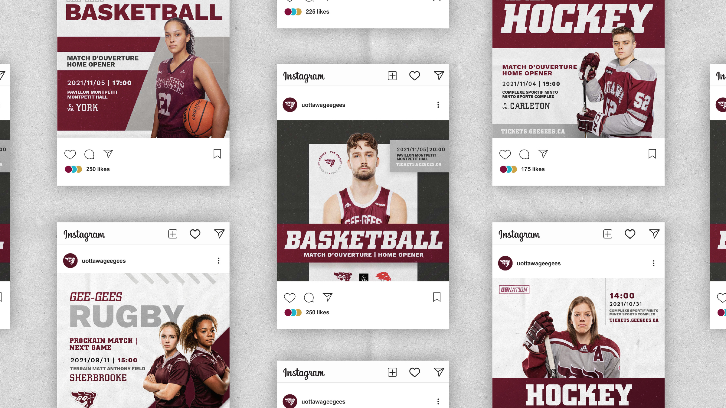 Collage of branded Instagram posts promoting teams' games.