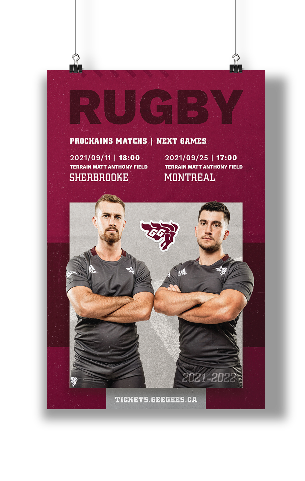 Poster promoting men's rugby game.