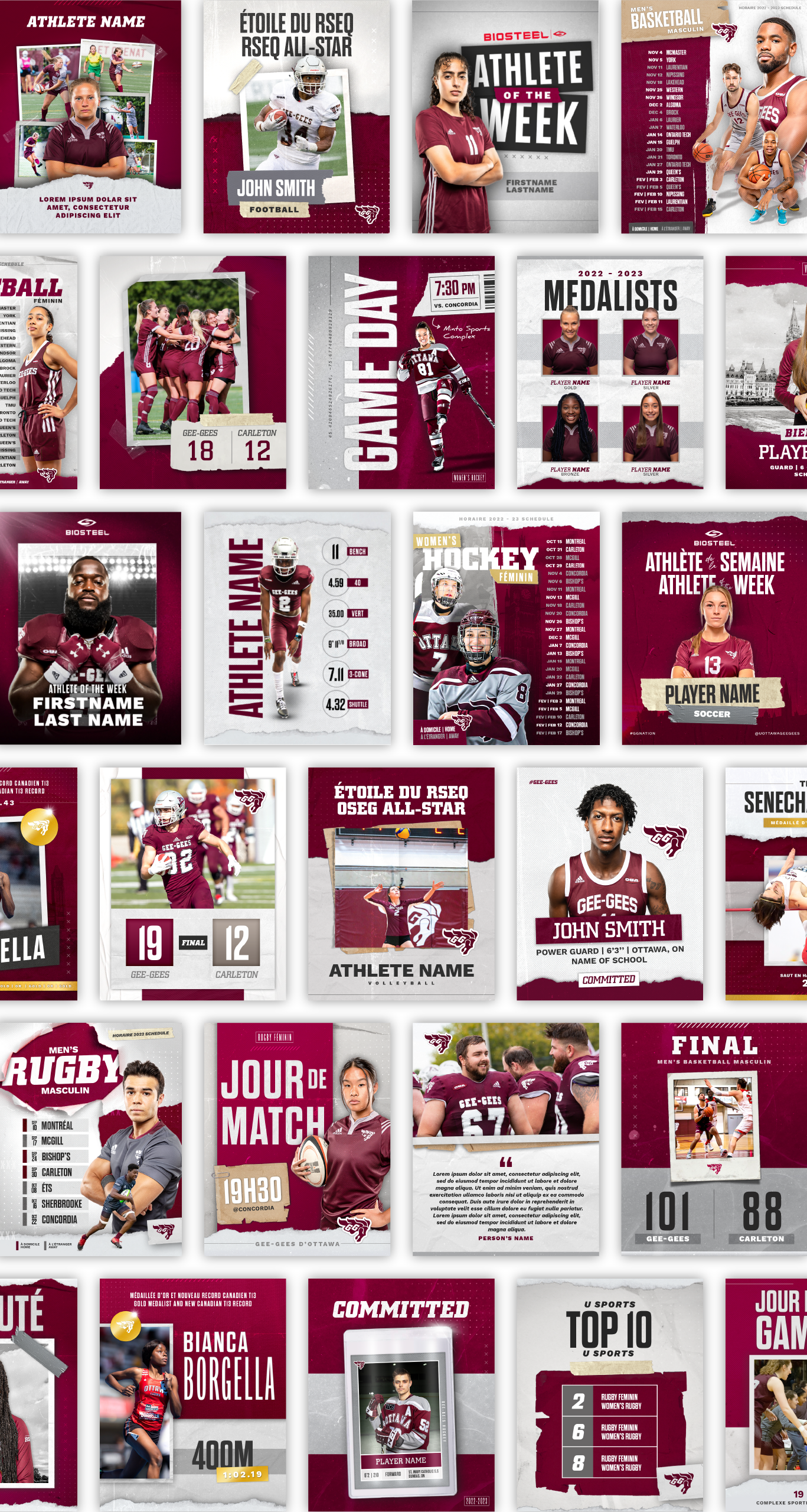 A collage of Instagram post templates featuring Gee-Gees athletes and colours.