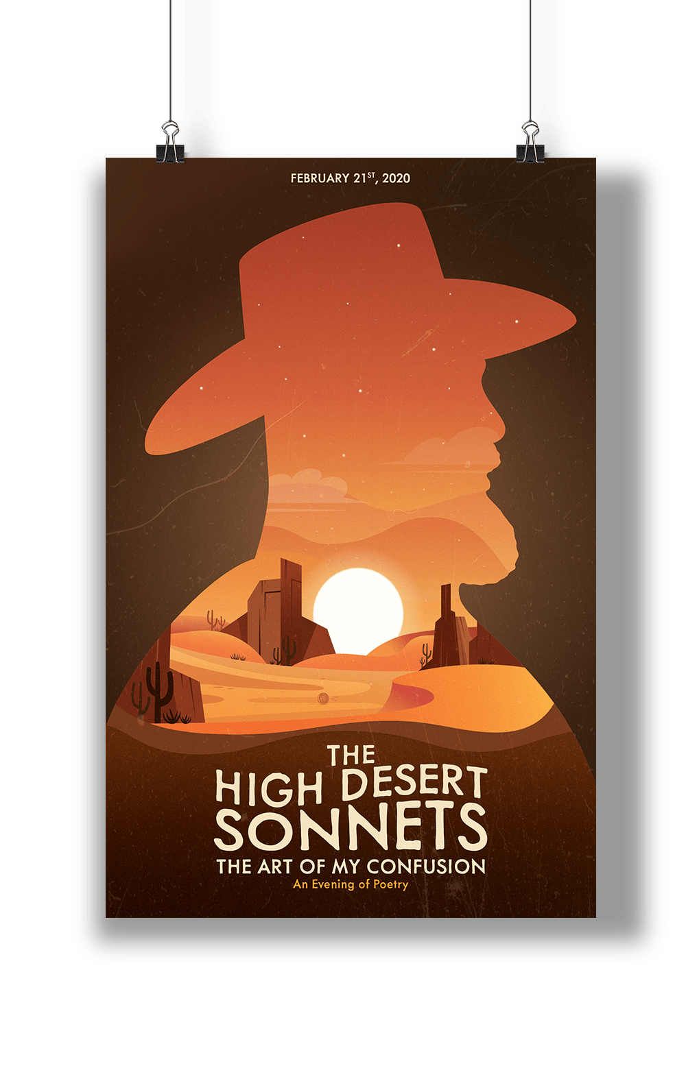 An illustrated poster with a desert framed by the silhouette of a man wearing a cowboy hat.