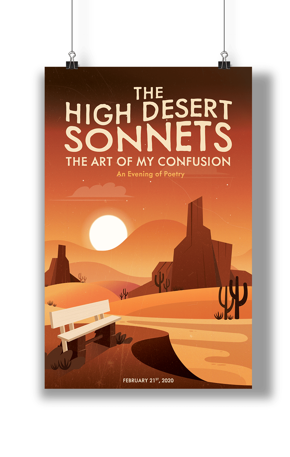 An illustrated poster of a bench on a clif in the desert.