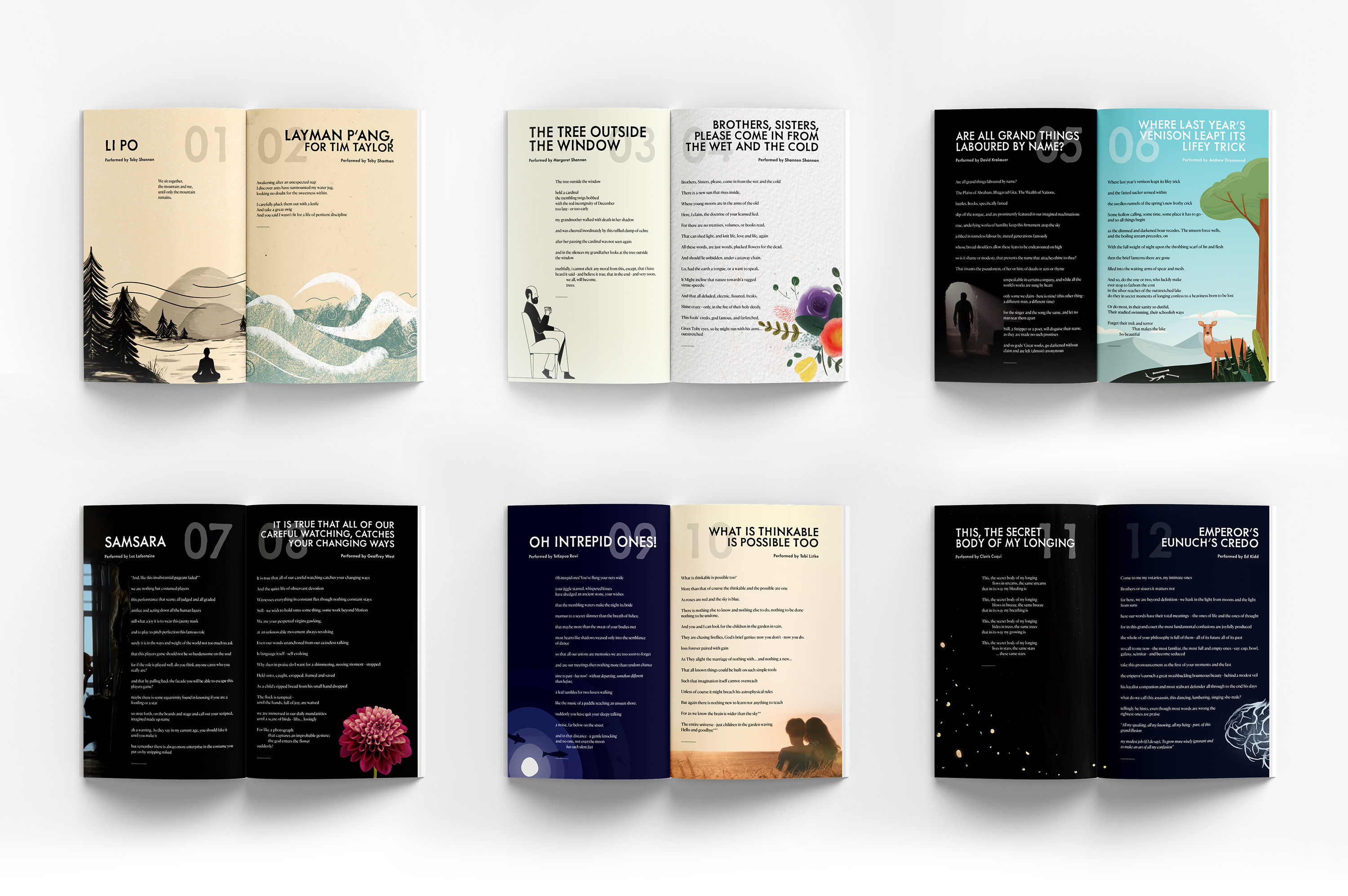 A collection of the pages in the playbill, each completed with the sonnet itself and a creative background to represent the video.