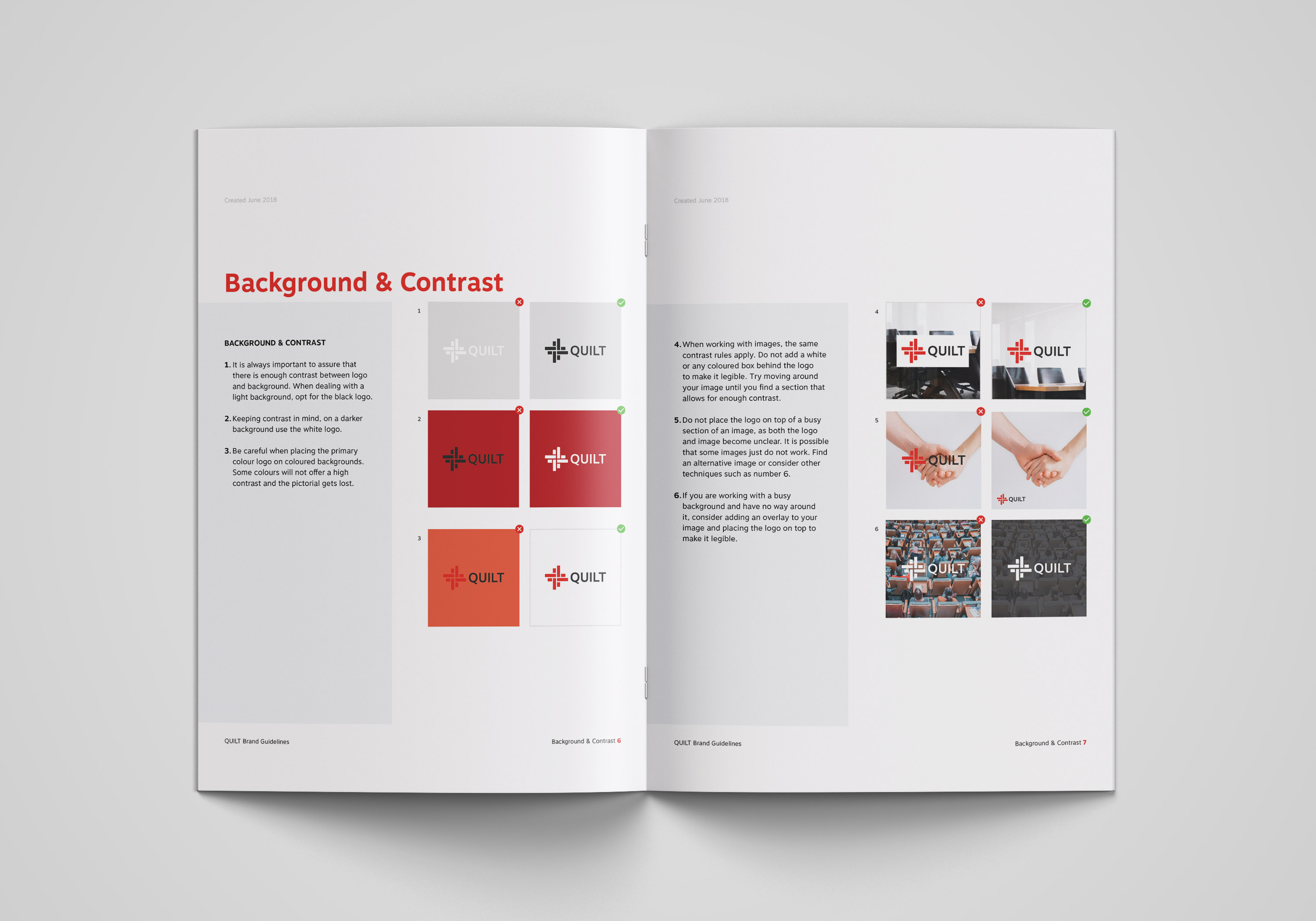 Branding guidelines spread about background and contrast as well as using the logo on photography.