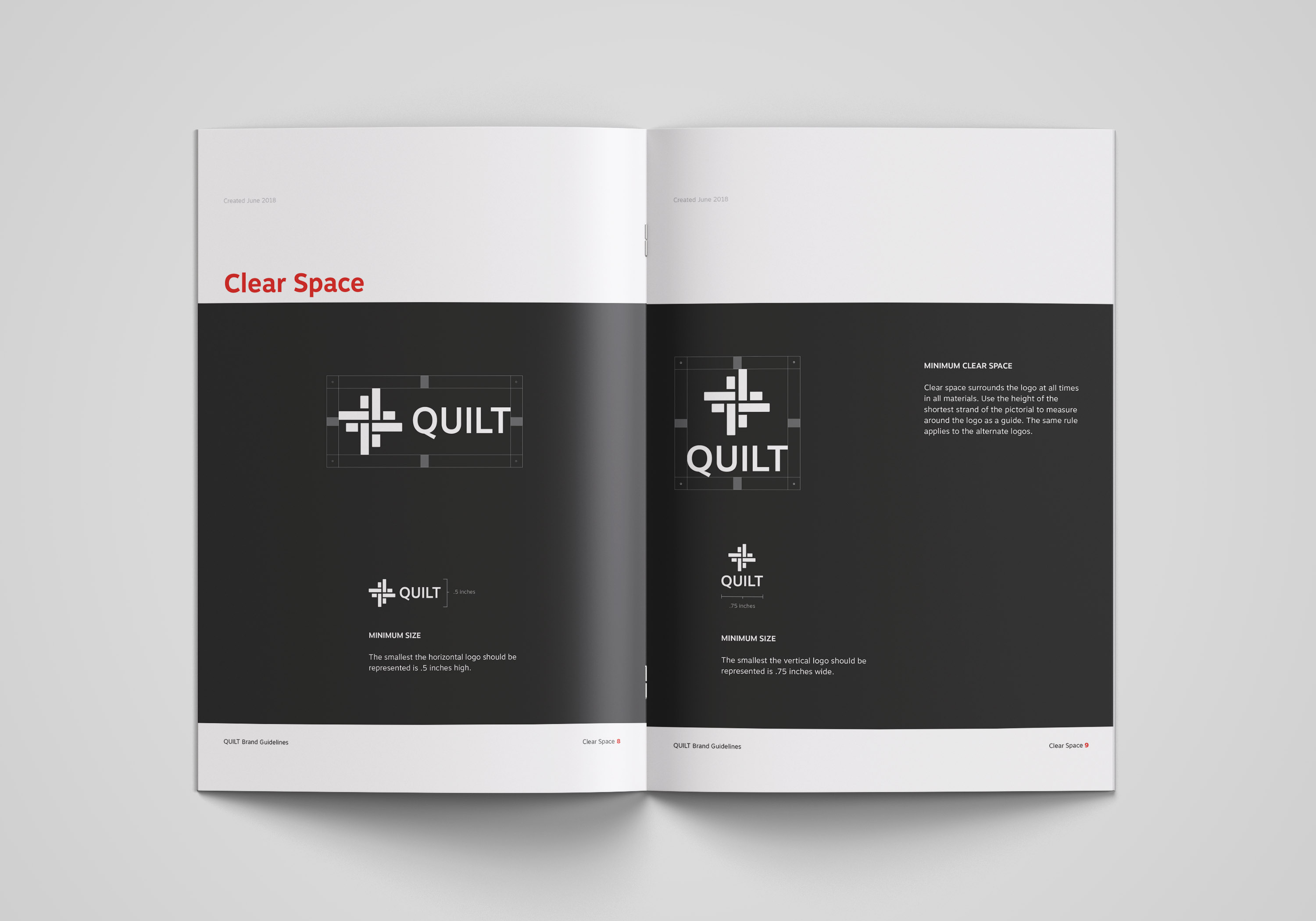 Branding guidelines spread about clear space and minimum size.
