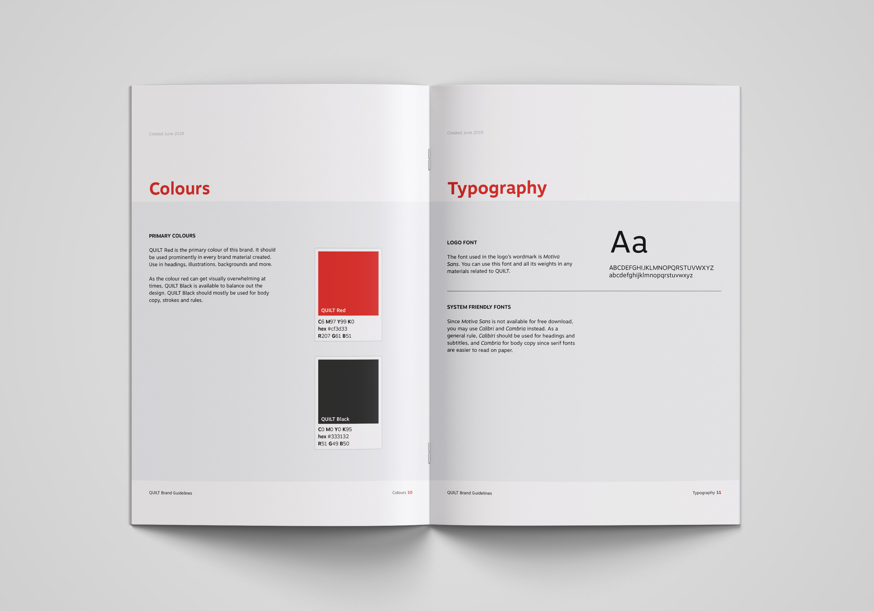 Branding guidelines spread about colours and typography.