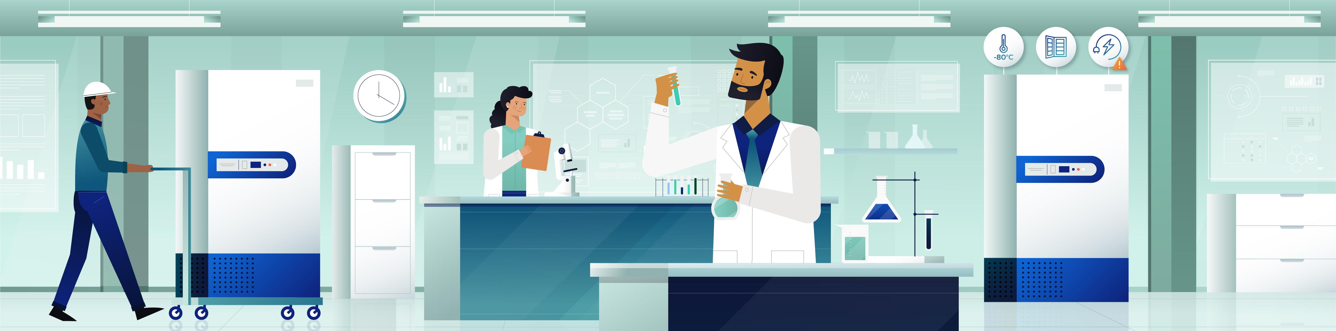 Illustration of the lab with scientist working.