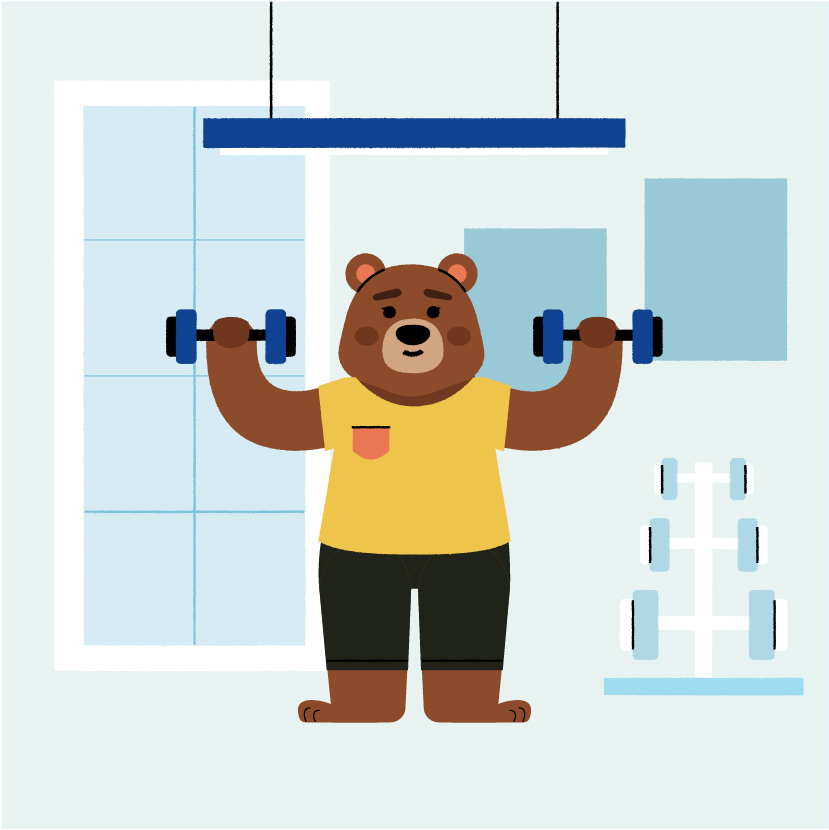 Illustration of a bear lifting weights.