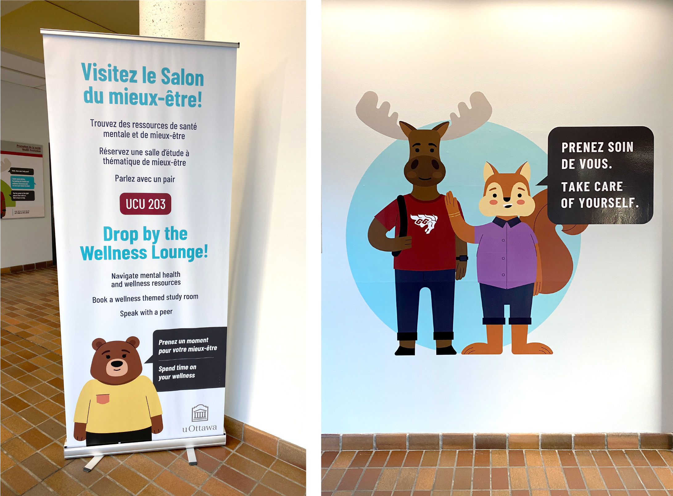 Collection of images including a roll-up banner featuring the wellness bear and a wall decal featuring the moose and squirrel waving.