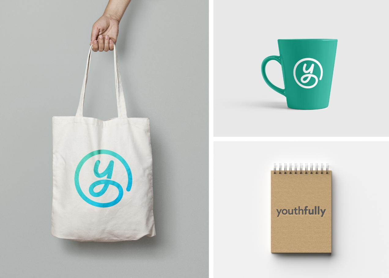 Examples of logo applied on a tote bag, mug and notebook cover.