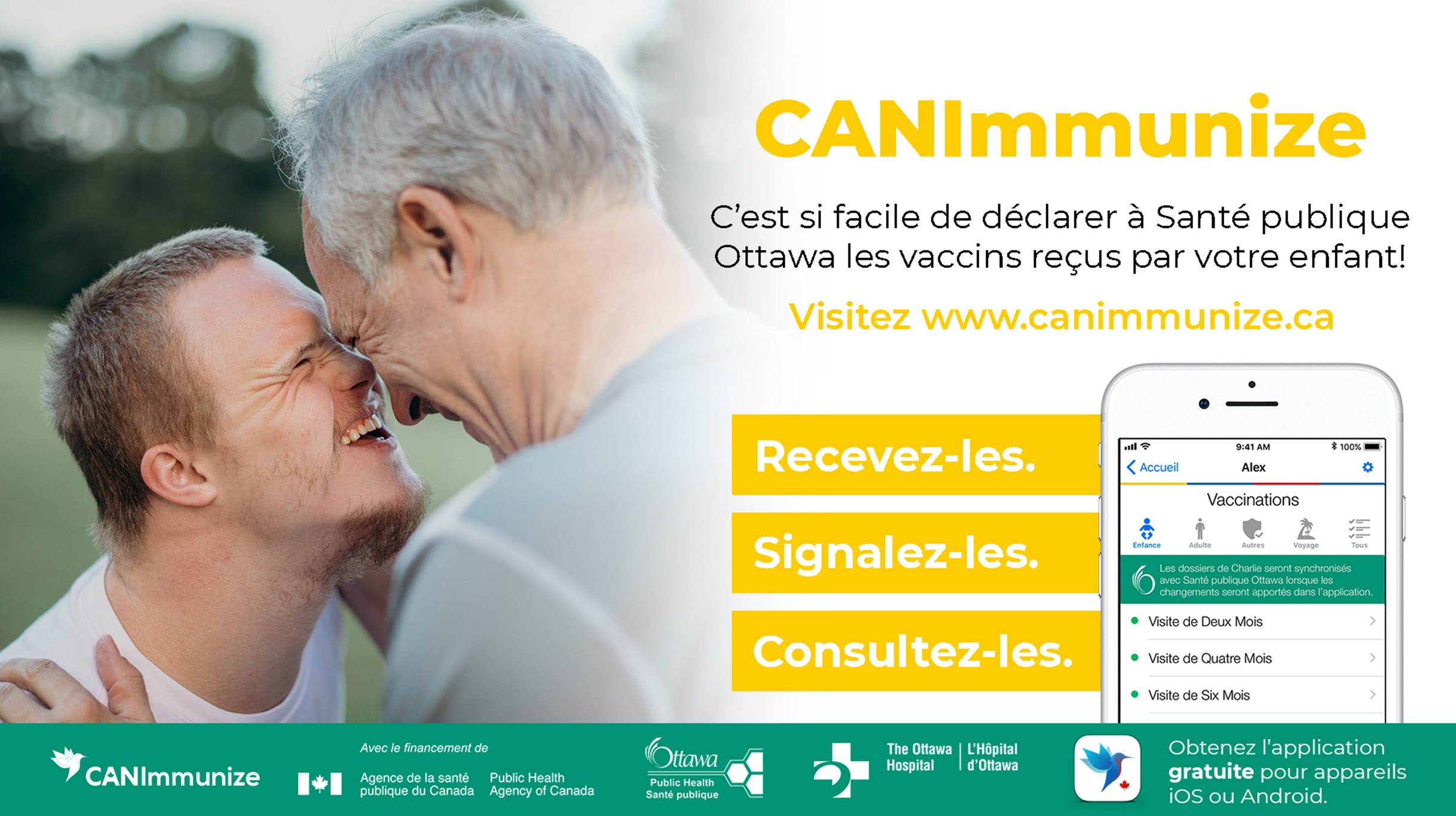 TV graphic featuring the CANImmunize app and a father and his son.
