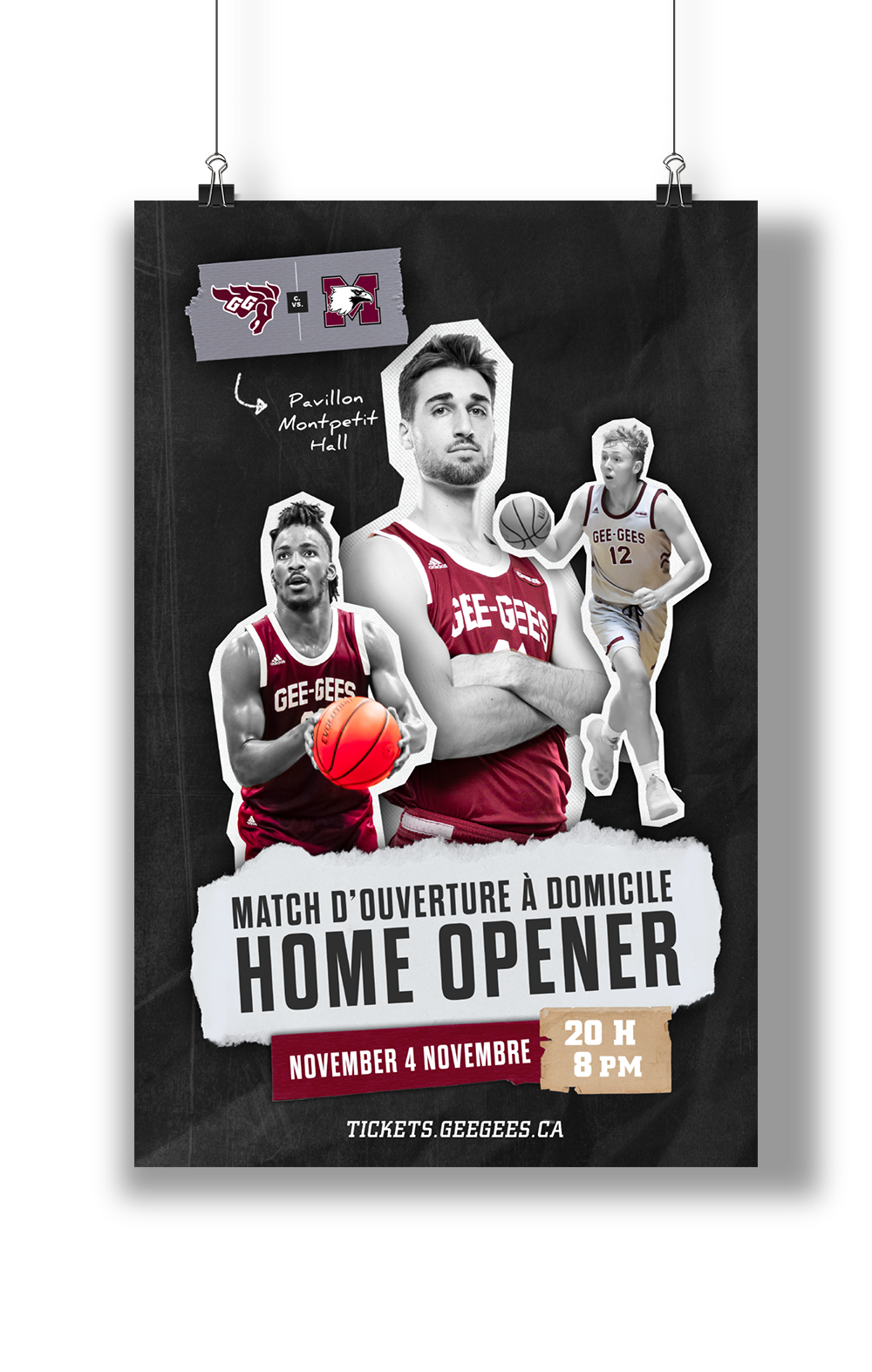 Poster promoting men's basketball game.