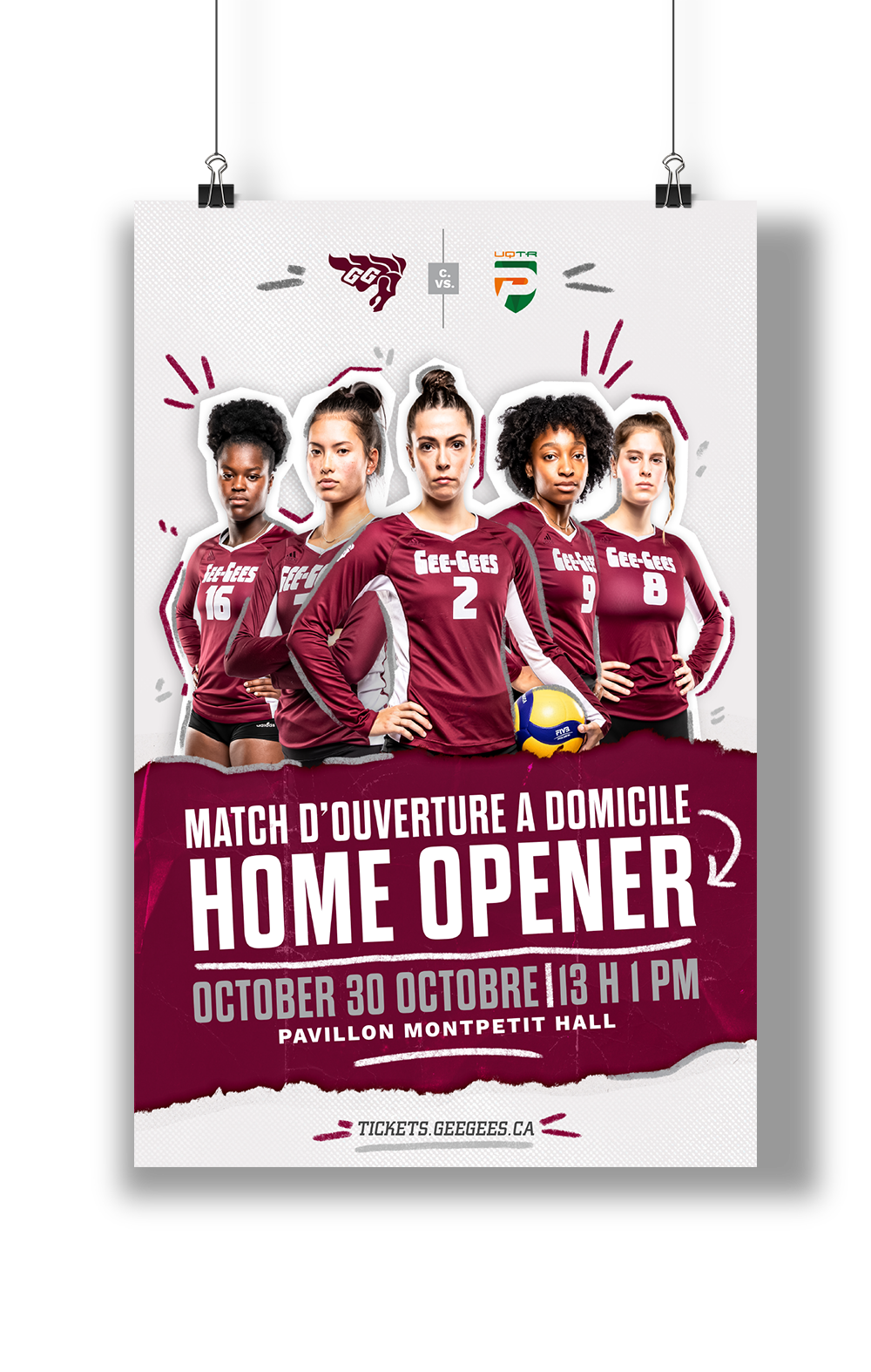Poster promoting volleyball game.