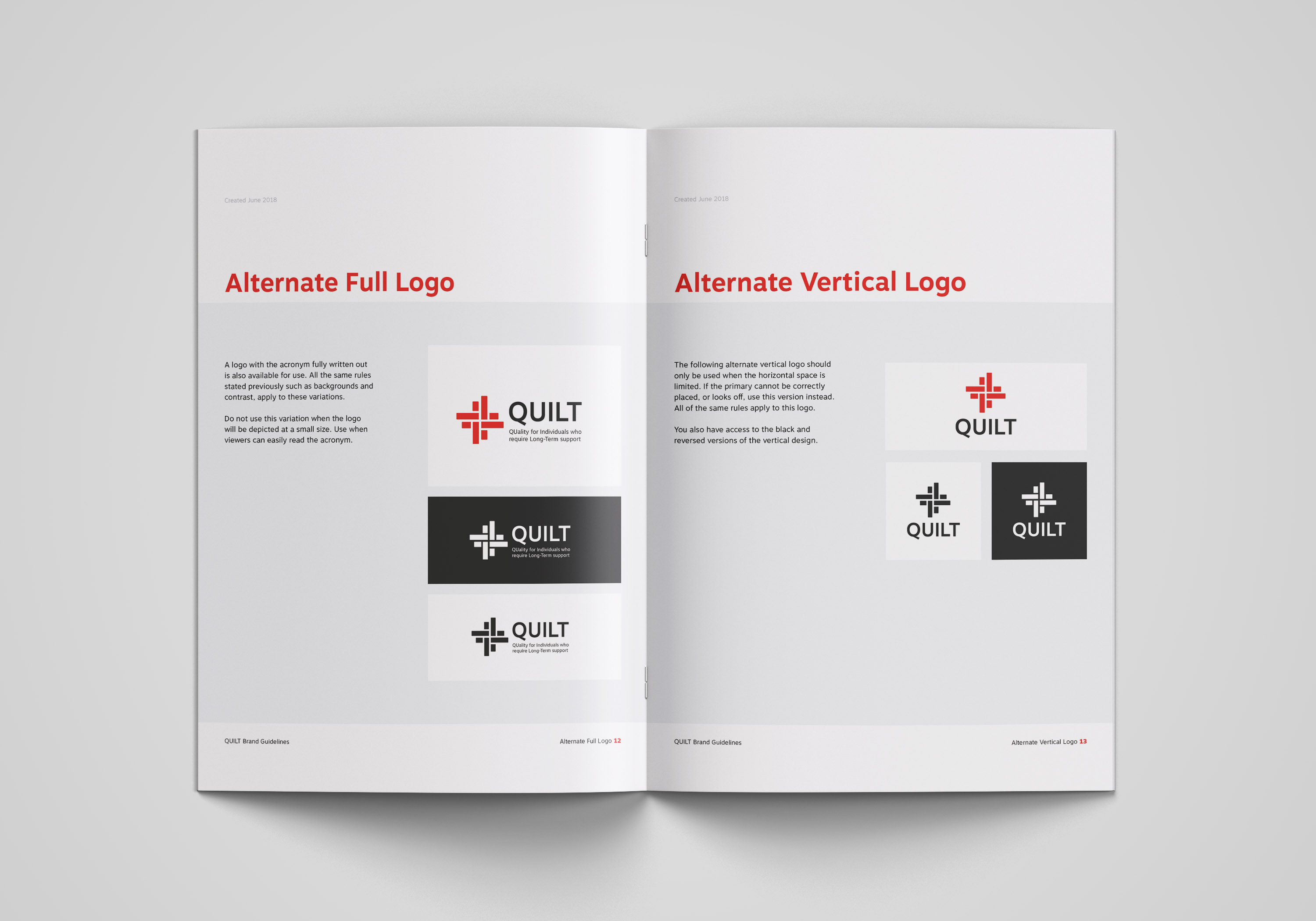 Branding guidelines spread about the alternate long-form vertical and horizontal logos.