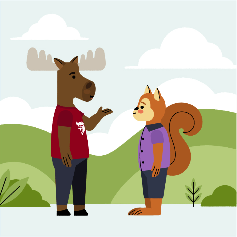 Illustration of a moose and squirrel talking.